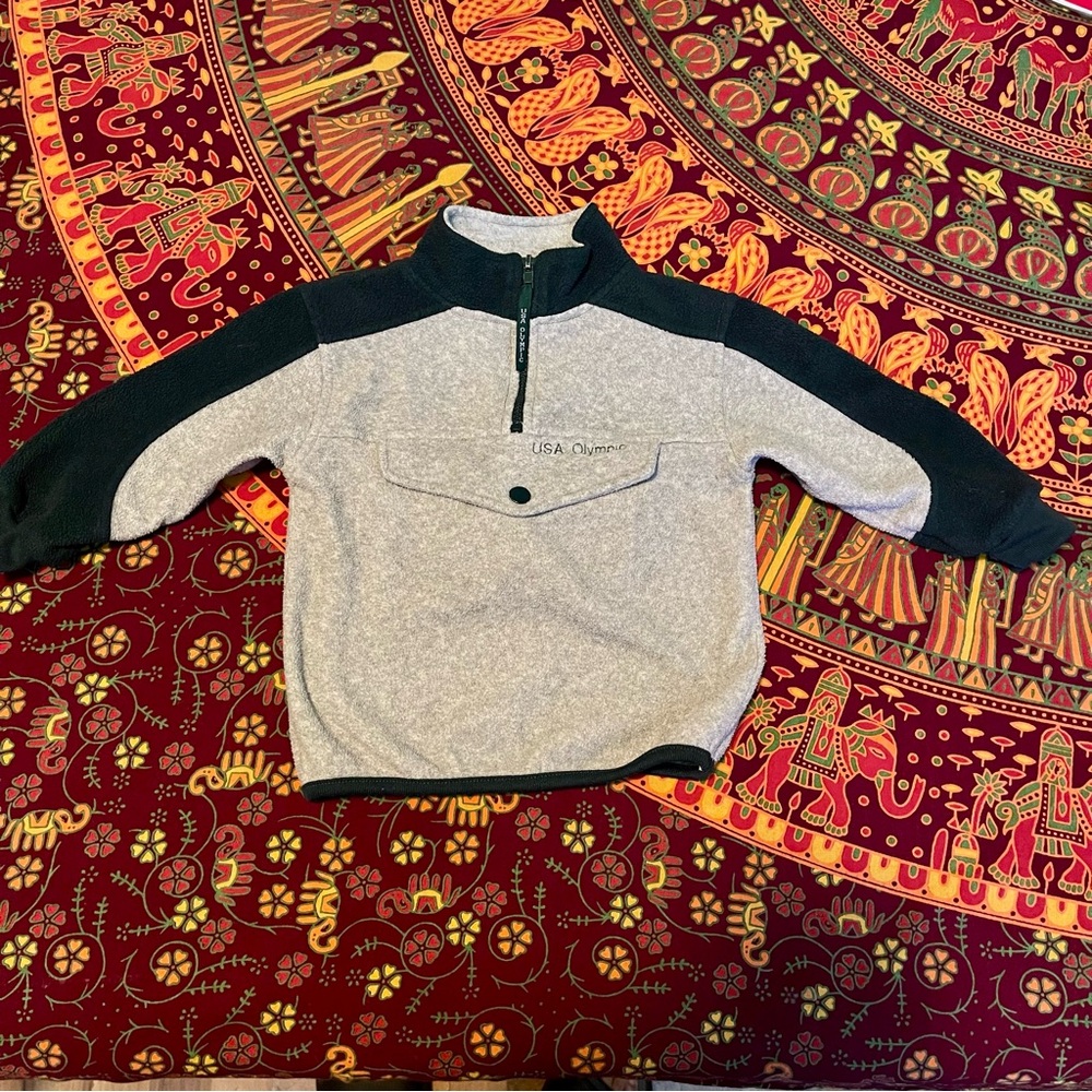 Vintage USA Olympic Fleece Pullover Gray w/ Dark Green Trim Snap Pocket Size 3T